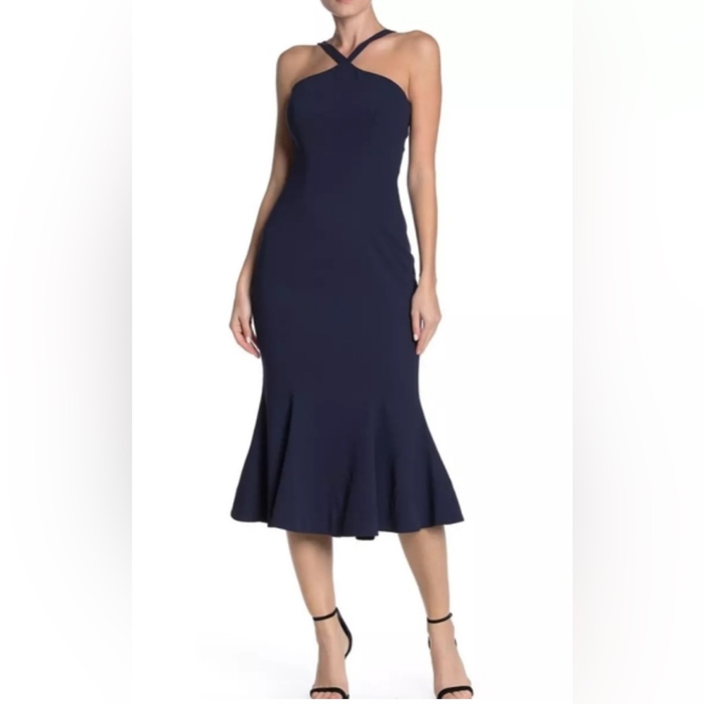 Dress the Population Navy Halter Mermaid Midi Dress S Wedding Guest Cocktail